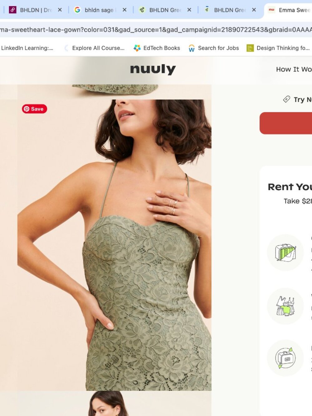 BHLDN Emma Sweetheart Lace Gown Olive Lace Maxi with Spaghetti Straps - Picture 12 of 13